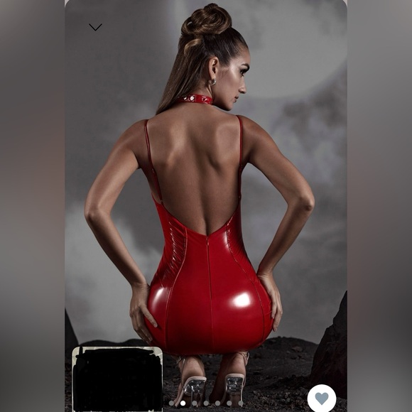 Vinyl Backless Mini Dress in Red - Picture 2 of 4